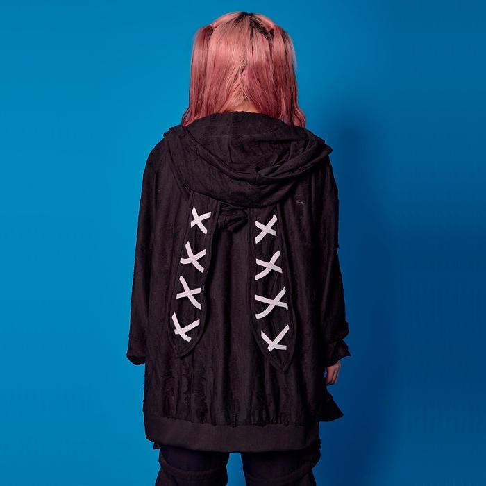 sex hoodie ダメージ加工 うさ耳ダメージ ZIP パーカー ユニセックス 男女兼用 ダメージ