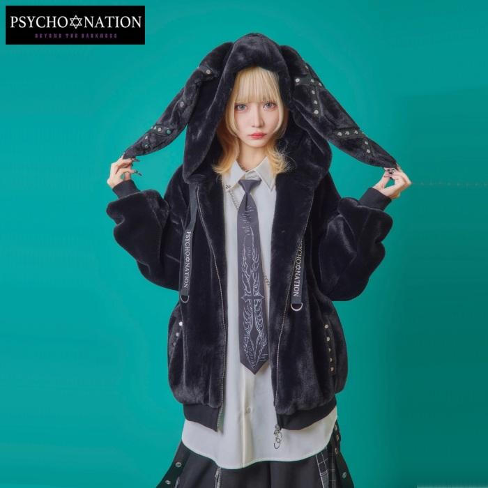 うさ耳 ファーフードブルゾン ふわふわボリューム ハトメ付きのクロス