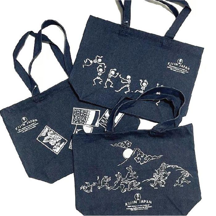 デニムトートバッグ 鳥獣戯画の鬼ごっこ 花札 盆（ボーン）踊り kj