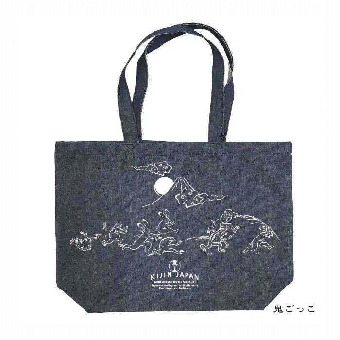 デニムトートバッグ 鳥獣戯画の鬼ごっこ 花札 盆（ボーン）踊り kj