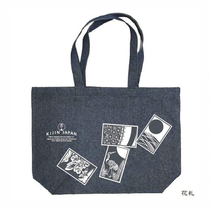 デニムトートバッグ 鳥獣戯画の鬼ごっこ 花札 盆（ボーン）踊り kj