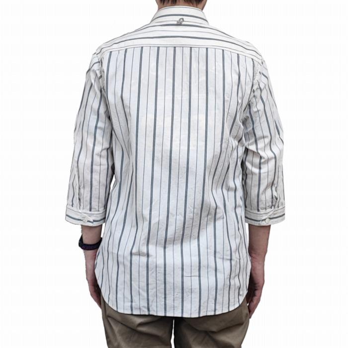 美品 ORGUEIL 七分袖コットンリネンストライプショールカラーシャツ ORGUEIL（オルゲイユ） 七分袖シャツ リネン レーヨン ストライプ