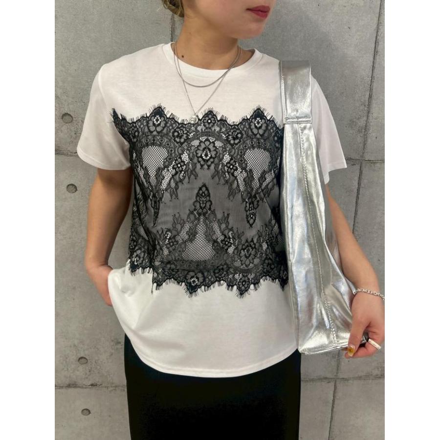 レースビスチュ風TOPS r830304 rosiee ロージー 半袖Tシャツ カットソー 白黒紺 綿コットン 洗える かわいい 他と差をつけるTシャツ ドッキング レディース 夏の画像