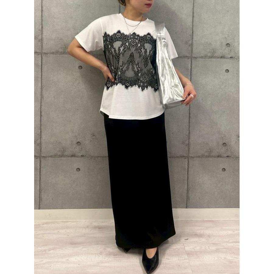 レースビスチュ風TOPS r830304 rosiee ロージー 半袖Tシャツ カットソー 白黒紺 綿コットン 洗える かわいい 他と差をつけるTシャツ ドッキング レディース 夏の画像