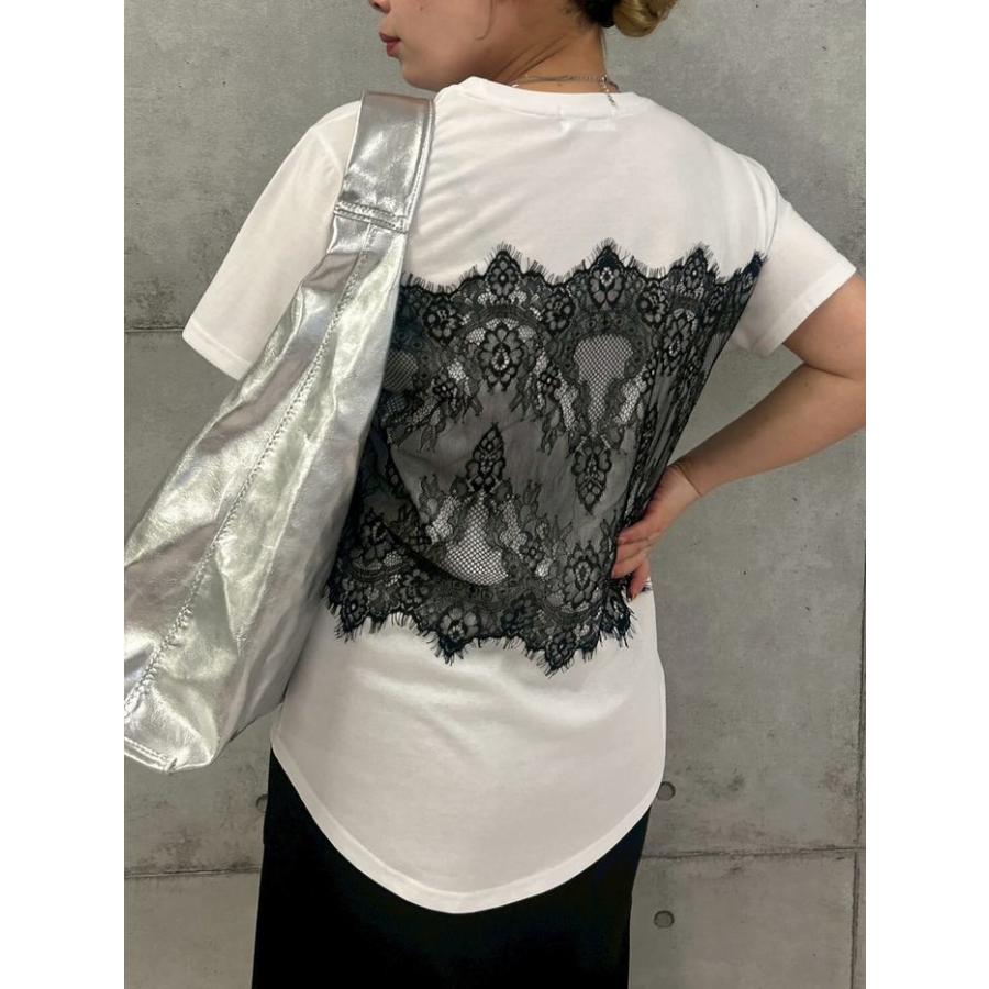 レースビスチュ風TOPS r830304 rosiee ロージー 半袖Tシャツ カットソー 白黒紺 綿コットン 洗える かわいい 他と差をつけるTシャツ ドッキング レディース 夏の画像