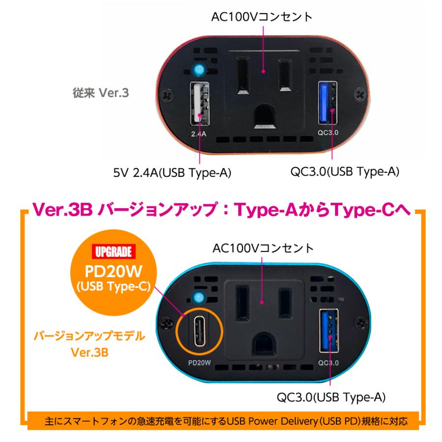 5個セット カー インバーター 150W USB-A QC3.0 Type-C PD20W 搭載 DC12VをAC100Vに変換 USB AC電源 USB コンセント 車 スマホ 12V対応 急速充電 |  | 03