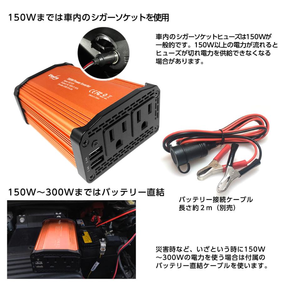 カーインバーター インバーター 300W DC12VをAC100Vに変換 USB AC電源 USB コンセント 車 スマホ 12V対応 充電 シガーソケット｜plusworks｜07