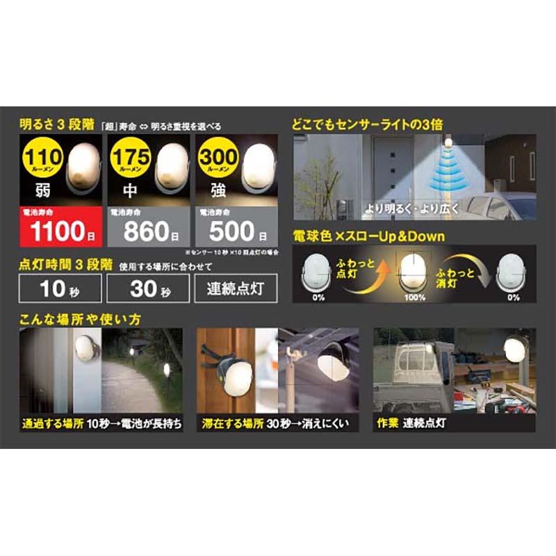 ムサシ RITEX どこでもセンサーライト300 ASL-097 431335 明るさ3段階 最大約300LM 三脚付 屋内 屋外 用 乾電池式 センサーライト 屋外 led 福KD |  | 01