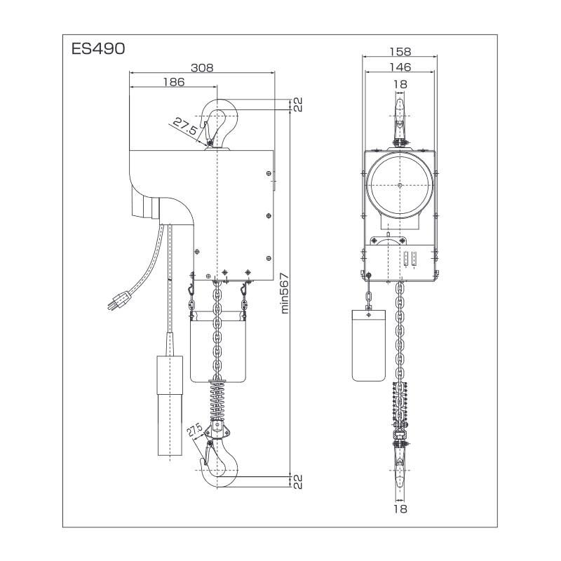 電気チェーンブロック ES490kg×6m 定格荷重490kg 揚程6m 巻上速度4m/分 電源100V スリーエッチ HHH 代引不可 |  | 01
