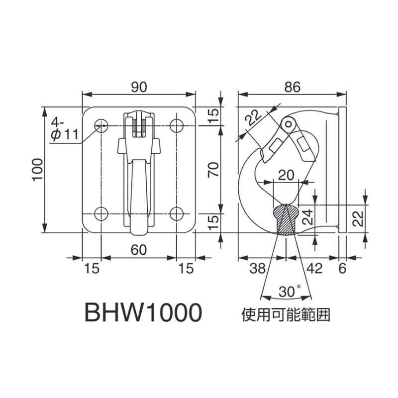 固定式フック BHW1000 (幅広型) 使用荷重1トン 自重1kg 壁面・床面に取付け 吊り下げ 牽引 スリーエッチ HHH 代引不可 |  | 01