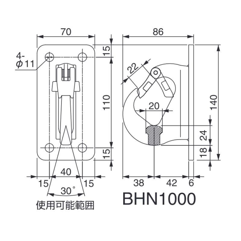 固定式フック BHN1000 (細型) 使用荷重1トン 自重1kg 壁面・床面に取付け 吊り下げ 牽引 スリーエッチ HHH 代引不可 |  | 01