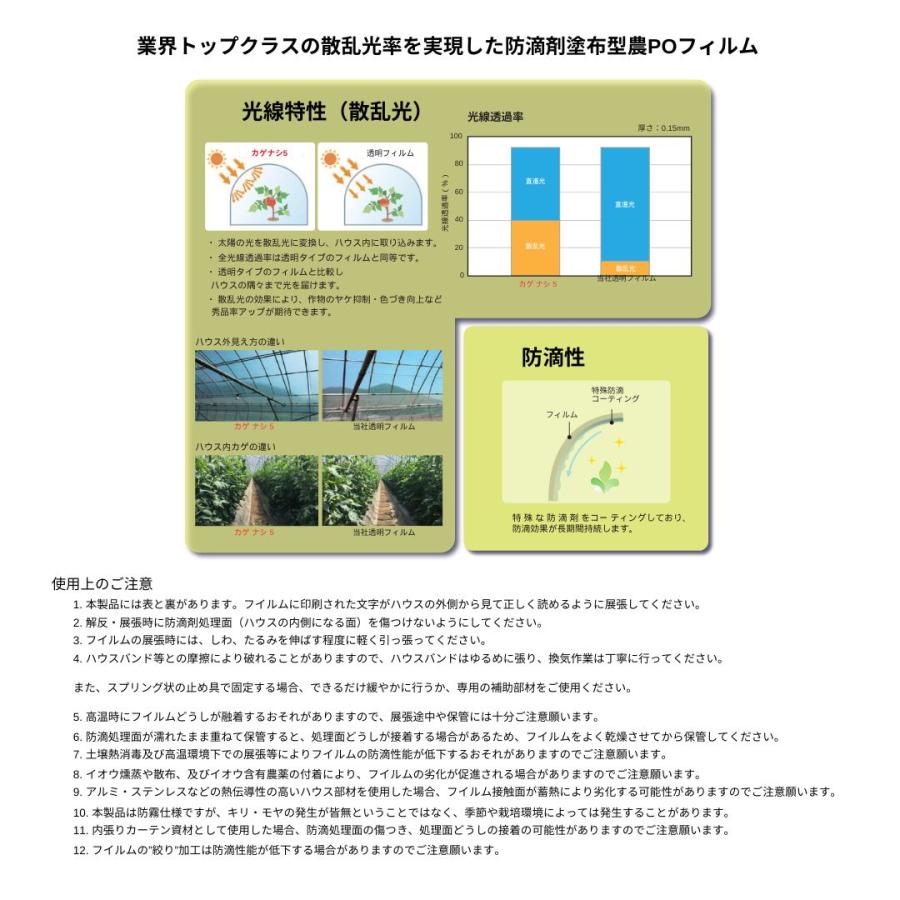 カゲナシ5 厚み0.15mm 幅900cm 長さ30m 農PO 外張り サイド用 散乱光 防霧 防滴 遮光 防滴 保温 タキロンシーアイ サT 北海道不可 個人宅配送不可 代引不可 | タキロンシーアイ | 01