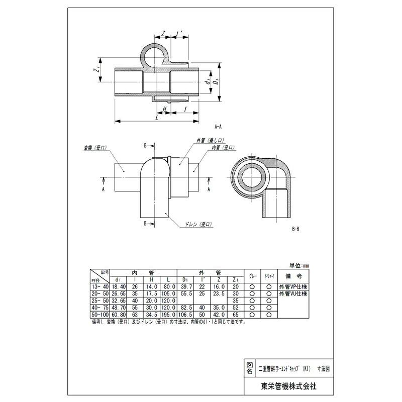 二重管継手 エンドキャップ TVU-KT 20-50(TOUMEI) 126349 トーエー 東栄管機 本州限定販売 代引不可 |  | 01