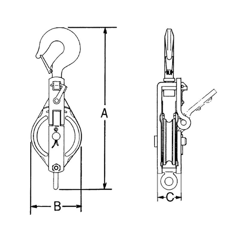 ステンレス滑車 ステンレススナッチ フック型 75×1SS 車径 75mm 使用荷重 500kg 全長A 270mm 横巾B 85mm 厚さC 38mm 溝巾 15mm スリーエッチ HHH 代引不可 |  | 01