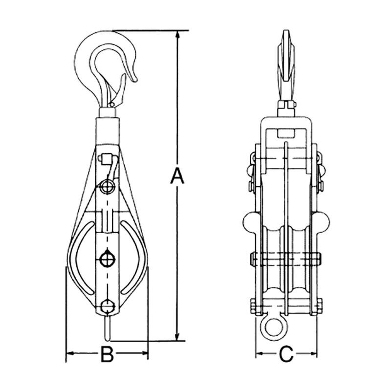 ステンレス滑車 ステンレススナッチ フック型 75×2SS 車径 75mm 使用荷重 500kg 全長A 300mm 横巾B 85mm 厚さC 75mm 溝巾 15mm スリーエッチ HHH 代引不可 | 