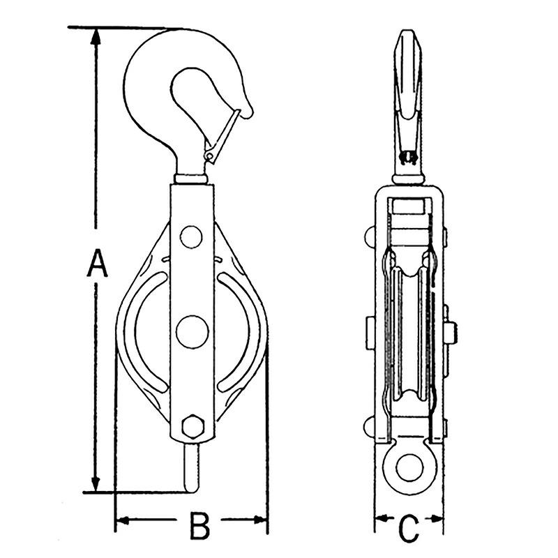ステンレス滑車 ステンレスブロック フック型 75×2BS 車径 75mm 使用荷重 500kg 全長A 270mm 横巾B 85mm 厚さC 83mm 溝巾 15mm スリーエッチ HHH 代引不可 |  | 01