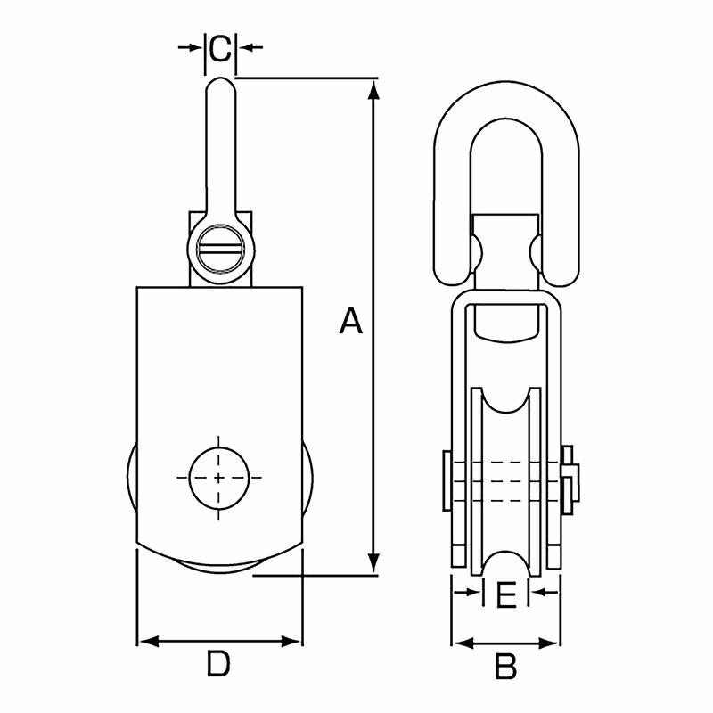 ステンレス滑車 ステンレスサンマブロック 自在シャックル MBS75 車径 75mm 使用荷重 500kg A 183mm B 33mm C 12mm D 65mm E 14mm スリーエッチ HHH 代引不可 |  | 01