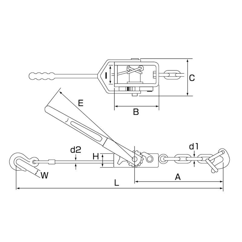 ワイヤー荷締機 NB-500 小型荷締機 使用荷重 500 kg 調整代L 355-1255 mm A 170 mm d1 7 mm アイB径 W1/2 スリーエッチ HHH 代引不可 |  | 01