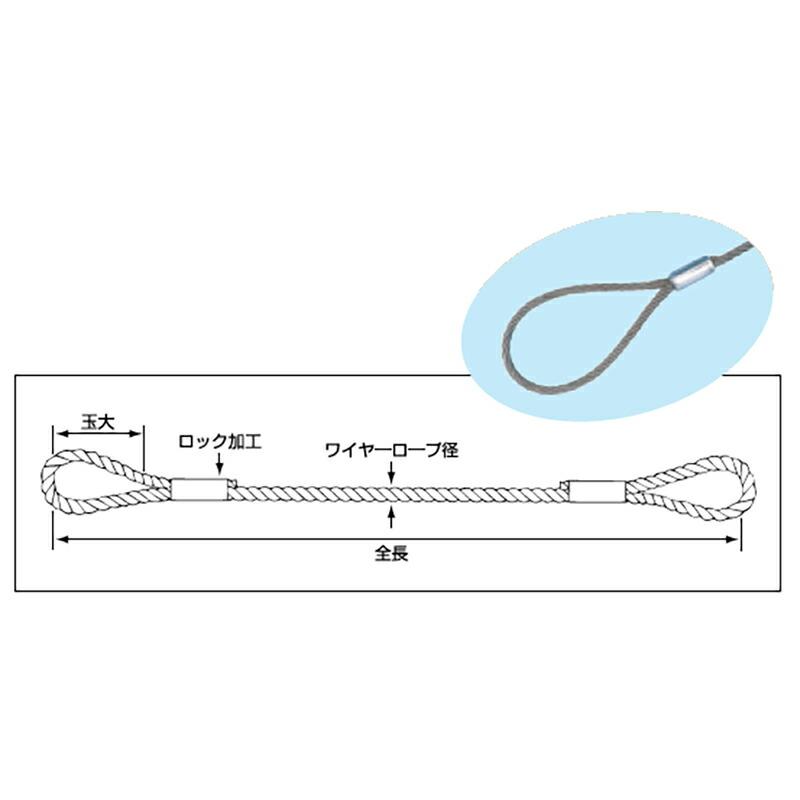 ロック止 玉掛ワイヤー (メッキ) LT6mm×2m ロープ径 6 mm ロープ全長 2 m 玉大 120 mm スリーエッチ HHH 代引不可 |  | 01