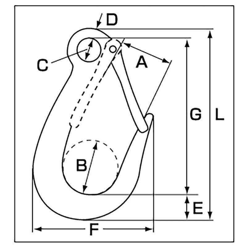 吊具 ファンドリー フック FHL(ラッチ付) FHL0.75 使用荷重 0.75 ton A 52 mm B 54 mm C 19 mm D 9 mm E 19 mm スリーエッチ HHH 代引不可 |  | 01