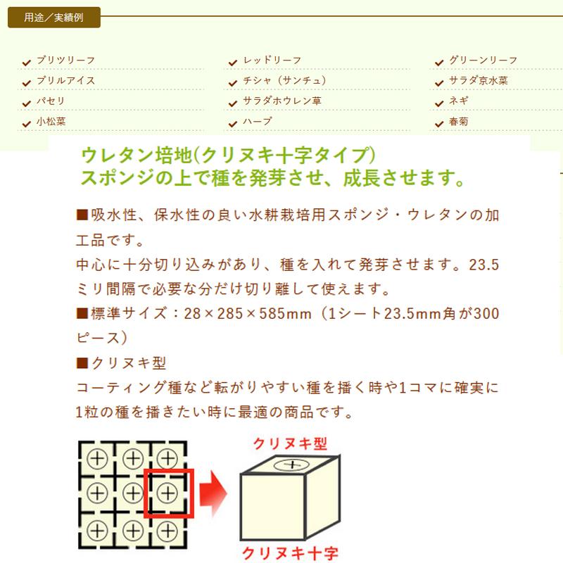 水耕栽培用 ウレタンスポンジ培地 100枚入 クリヌキ十字タイプ 28×285×585mm 23.5mm角 300ピース 育苗マット D地 代引不可 個人宅配送不可