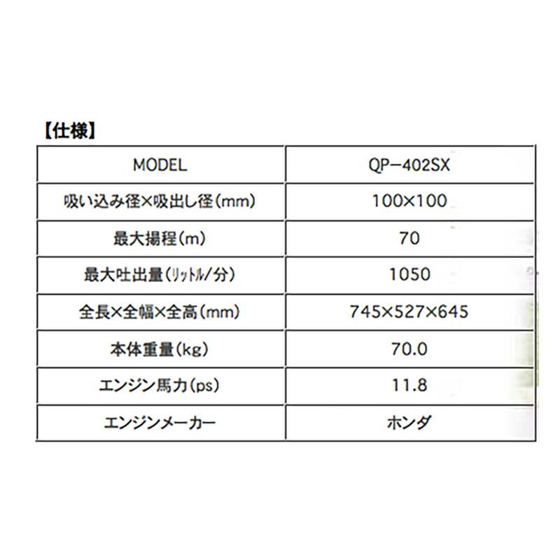 受注生産品 散水 高所 遠距離 給排水 洗浄 高圧 ポンプ QP-402SX 4インチ高圧ポンプ (4サイクルエンジン) マツサカ 防J 代引不可 |  | 01