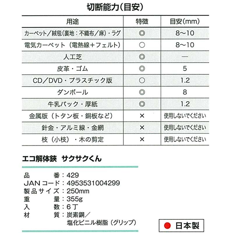 エコ解体鋏 サクサクくん 429 カーペット 人工芝 用 ハサミ はさみ 金鹿工具製作所 H |  | 02