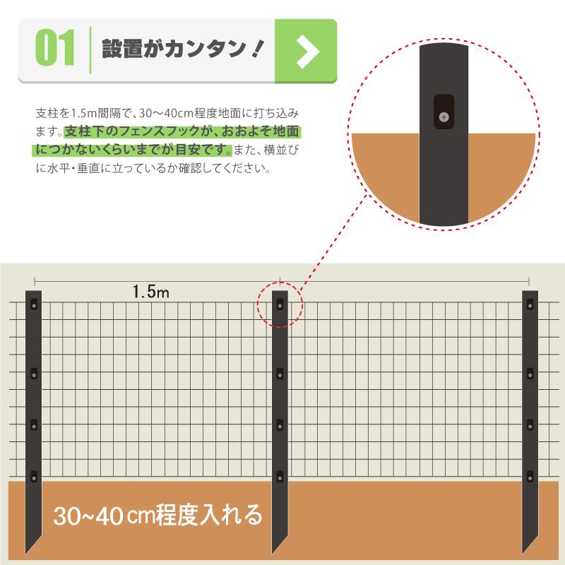 茶 アニマルフェンス セット 1.5×15m (フェンス1巻・支柱11本) ブラウン 害獣 防獣 イノシシ 猪 対策 太陽光発電 フェンス プラスワイズ シN 代引不可 BRF15 |  | 03