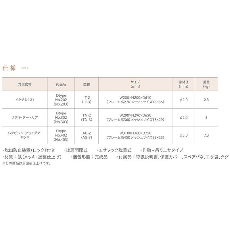 D type No.403 AG-3 ハクビシン アライグマ アナグマ キツネ 狐 捕獲器 退治 撃退 害獣駆除 日本製 栄工業 T野D |  | 03