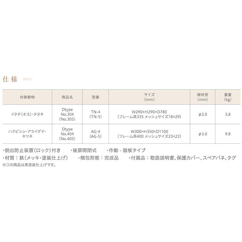 D type No.404 AG-4 ハクビシン アライグマ キツネ 狐 保護用 捕獲器 退治 撃退 害獣駆除 日本製 栄工業 T野D |  | 03