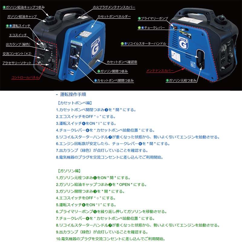 携帯発電機 ジーキュービック KG-101 インバータ式 2WAYタイプ アウトドア 屋外作業 災害時 サT 代引不可 |  | 05