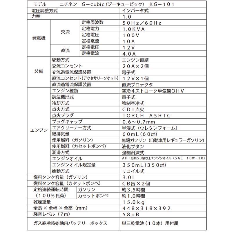 携帯発電機 ジーキュービック KG-101 インバータ式 2WAYタイプ アウトドア 屋外作業 災害時 サT 代引不可 |  | 06