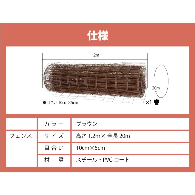 フェンスのみ 茶 1.2×20m アニマルフェンス用 金網 ブラウン 景観対策 プラスワイズ シN 代引不可 BRF12 | SHINSEI | 03