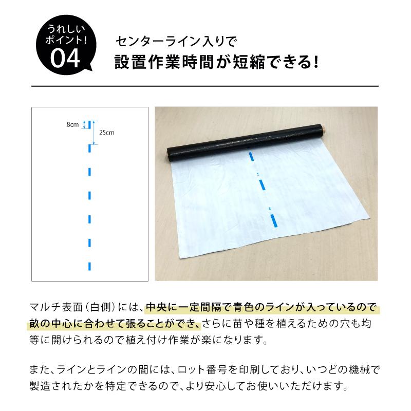 白黒マルチ 幅95cm シャイニングゼブラ 国産 穴なし センターライン入 白黒 マルチ シート 畑 地温 温度 抑制 レタス 白菜 栽培 防草 雑草対策 プラスワイズ Z｜plusys｜06