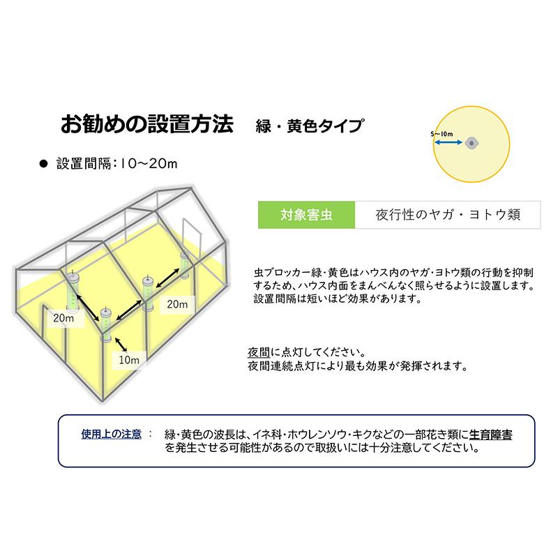 虫ブロッカー 緑 ハウス防虫用LED 単独タイプ ヤガ ヨトウ類 侵入防止 増殖抑制 行動抑制 ホーグス 代引不可 |  | 05
