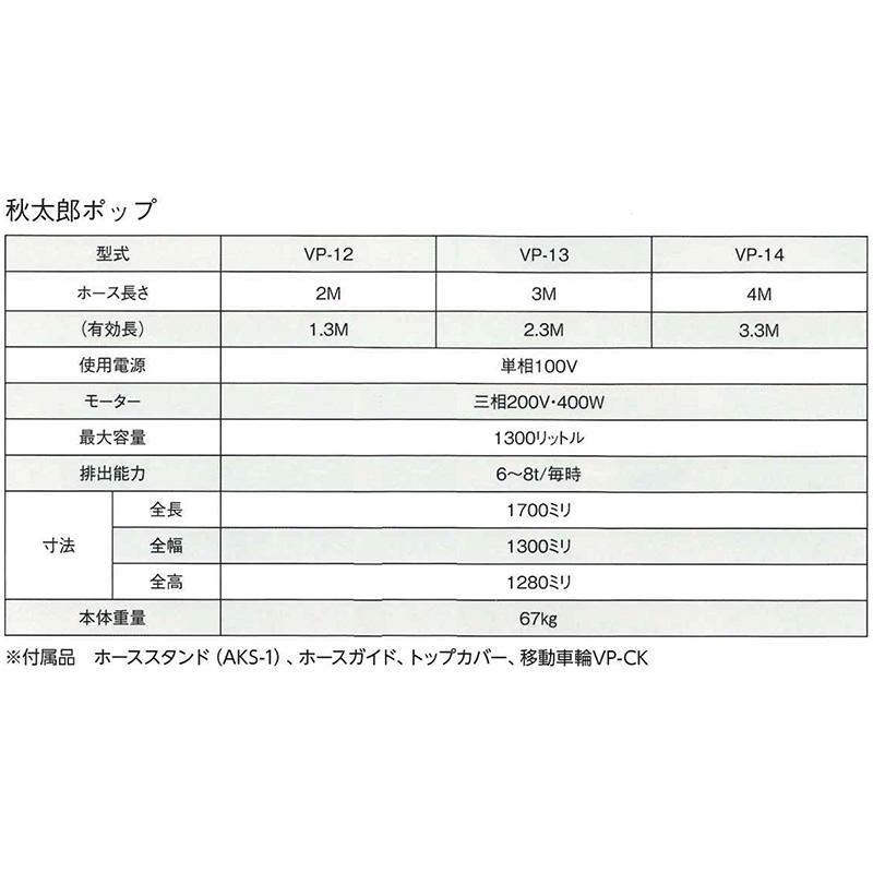 秋太郎 ポップ VP-13 折りたたみ式 ロンバッグ 単相100V ホース3m スタンド付き 移動車輪付き シュウタロウ 搬送機 三洋 個人宅配送不可 シB 代引不可 |  | 07