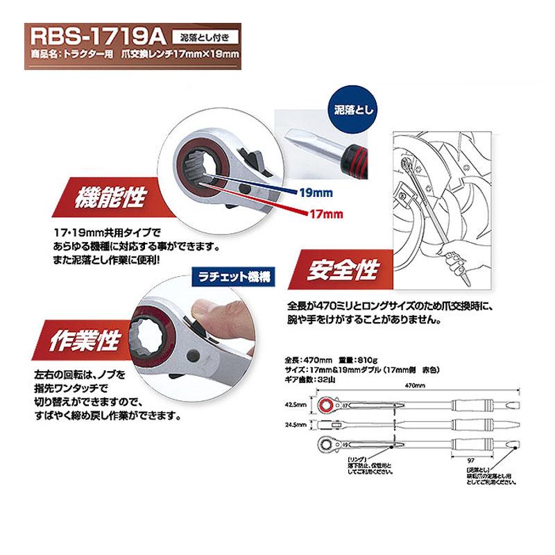 トラクター 用 爪交換レンチ 17mm×19mm 泥落とし付き RBS-1719A スエカゲツール SEK-TOOLS 三冨 D |  | 01
