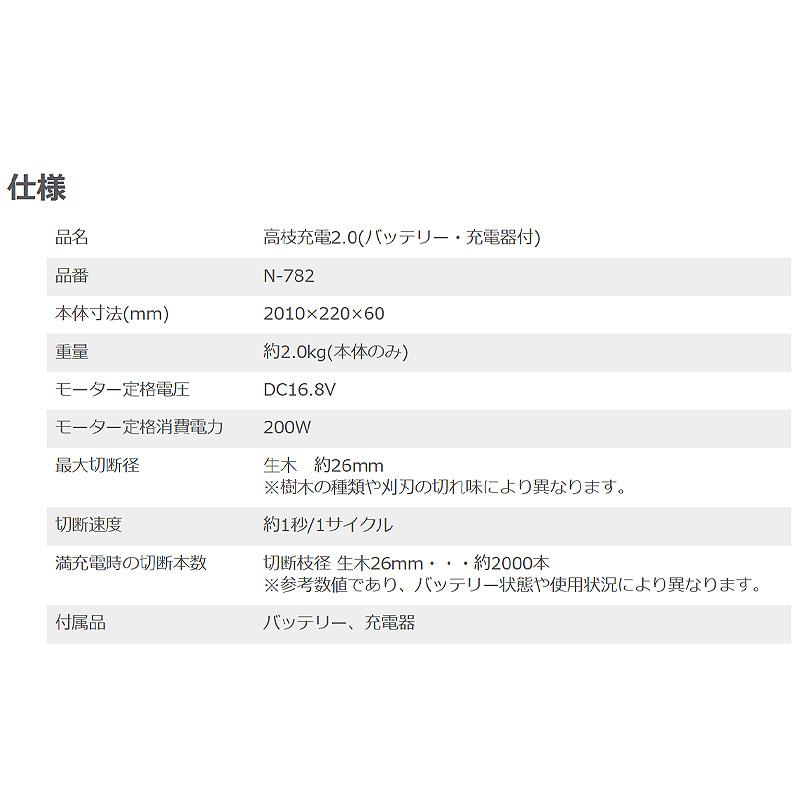 高枝充電2.0 バッテリー 充電器付 N-782 26mm×約2000本切断 ニシガキ工業 剪定ばさみ 鋏 枝切 充電式 コードレス ハイパワー 高所 三冨D 代引不可 |  | 01