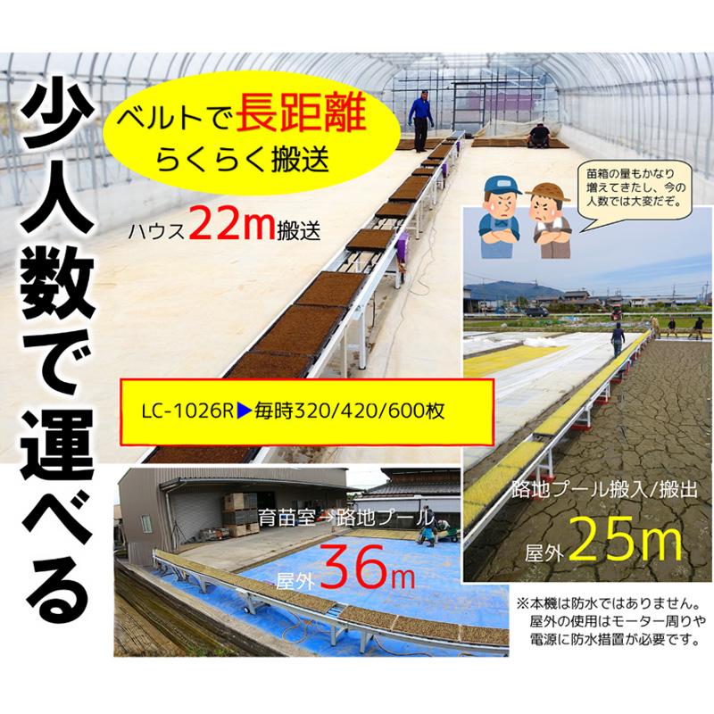 ロングキャリー 標準 LC-1026R 毎時320 420 600枚 100V ベルトコンベア装置 育苗箱 コンテナ箱 段ボール箱 運搬 搬送 延長 美善 bizen 個人宅配送不可 代引不可 |  | 01