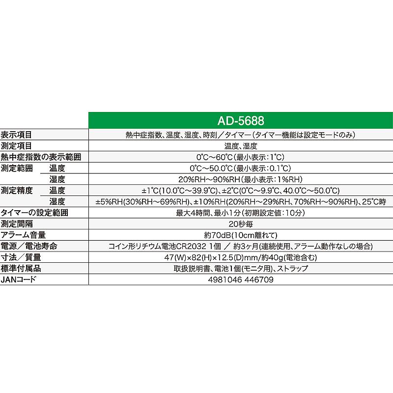 A&D 熱中症指数計 熱中症指数モニター 熱中症みはりん坊 AD-5688 熱中症指数 WBGT 計測 計測器 計量 測量 測定 電子 エーアンドディー 宇N 代引不可 |  | 08