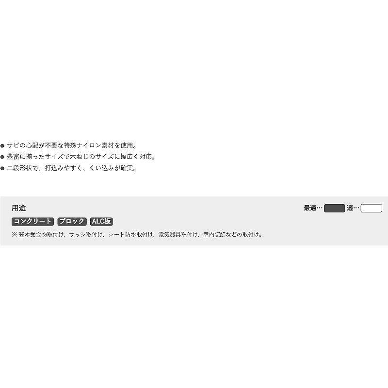エヌピープラグ NAS-1050-CP 直径10mm 全長50mm 1パック25本入 ナイロン素材 NASタイプ ねじ込み式アンカー コンクリート ブロック ALC板用 工事 ユニカ 三冨D |  | 03