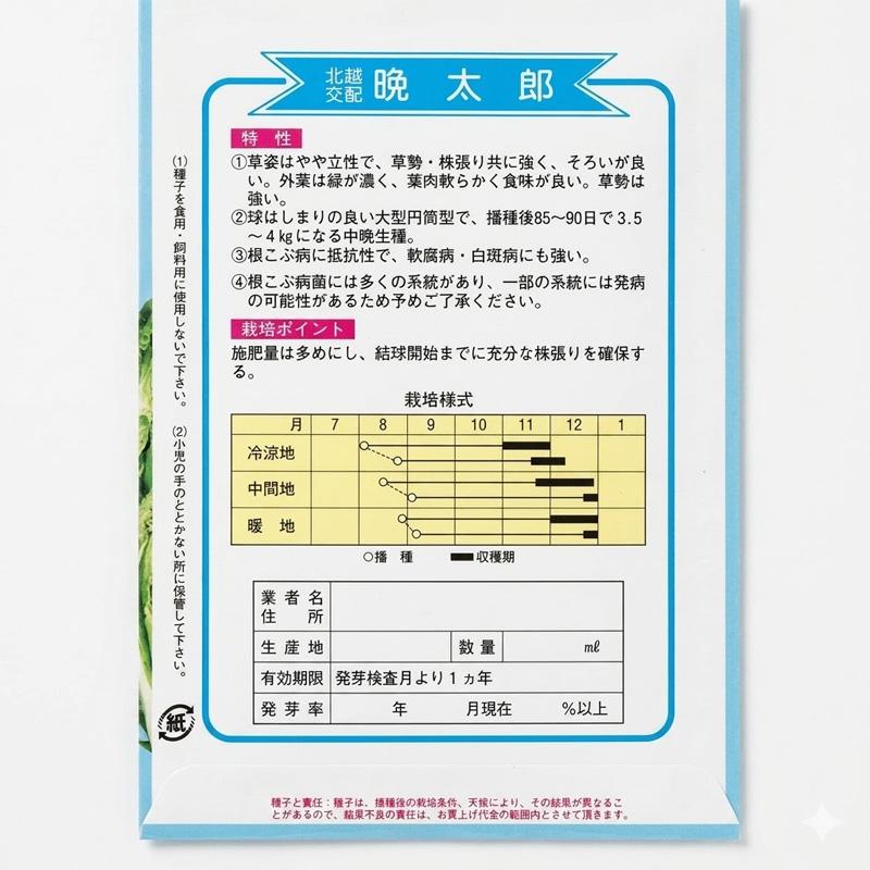 種子 0.8ml ハクサイ 晩太郎 北越交配 栽培用 野菜タネ 野菜種子 野菜のタネ 白菜 北越農事 D |  | 01
