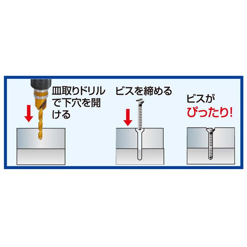 パイロットビット 3×9mm No.2110 皿取り錐 ビス 穴あけ チタンコーティング ドリル 高芝ギムネ 三冨D |  | 02