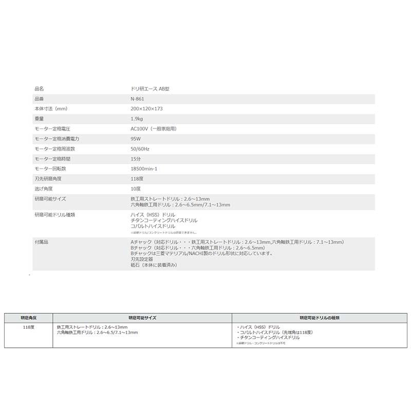 研磨機 ドリ研エース AB型 N-861 ドリル研磨機 研磨 一般鋼用 工具 ニシガキ工業 三冨D |  | 02