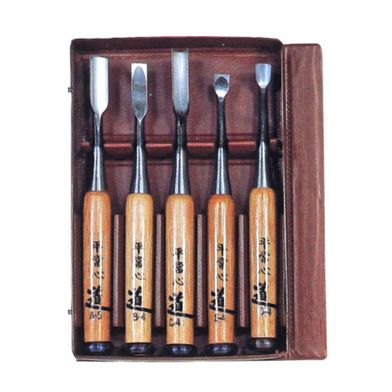 彫刻刀 木彫のみ 5本組 荒彫りに 道刃物工業 木箱入り 赤樫 仏像 三冨