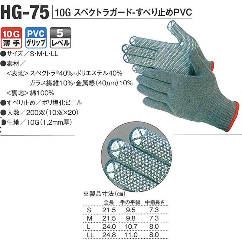 高耐切創 軍手 10双入 HG-75 10G-薄手 滑り止め スペクトラガード サイズL 防刃 グローブ 手袋 アトム 三冨D|plusyskenchiku|02