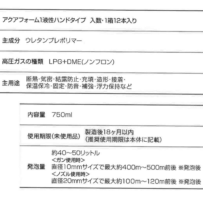 発泡ウレタンフォーム　アクアフォーム　1液ハンドタイプ　個人宅配送不可　アミ　AQT-00　代引不可　750mlｘ12本入　カラー選択　日本アクア