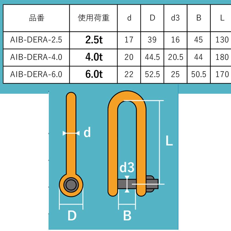 強力長シャックル DERA 使用荷重2.5t AIB-DERA-2.5 爪を押すだけワンタッチ ロック＆解除 アイビッグ 代引不可
