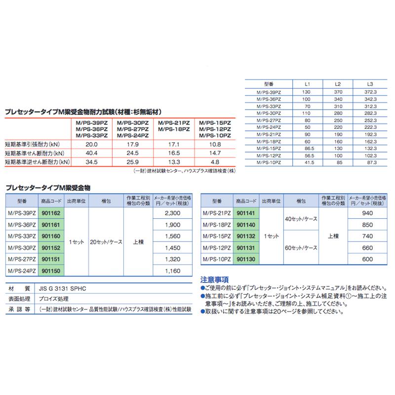 全商品オープニング価格特別価格 20セット 金物工法 プレセッター タイプM 梁受金物 M/PS-36PZ ブロイズ [国産材にも対応した無垢材タイプ] 901161 カネシン アミ