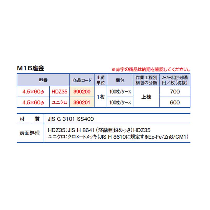 M16座金　4.5×60φ　HDZ35　390200　TS金物用　カネシン　アミ